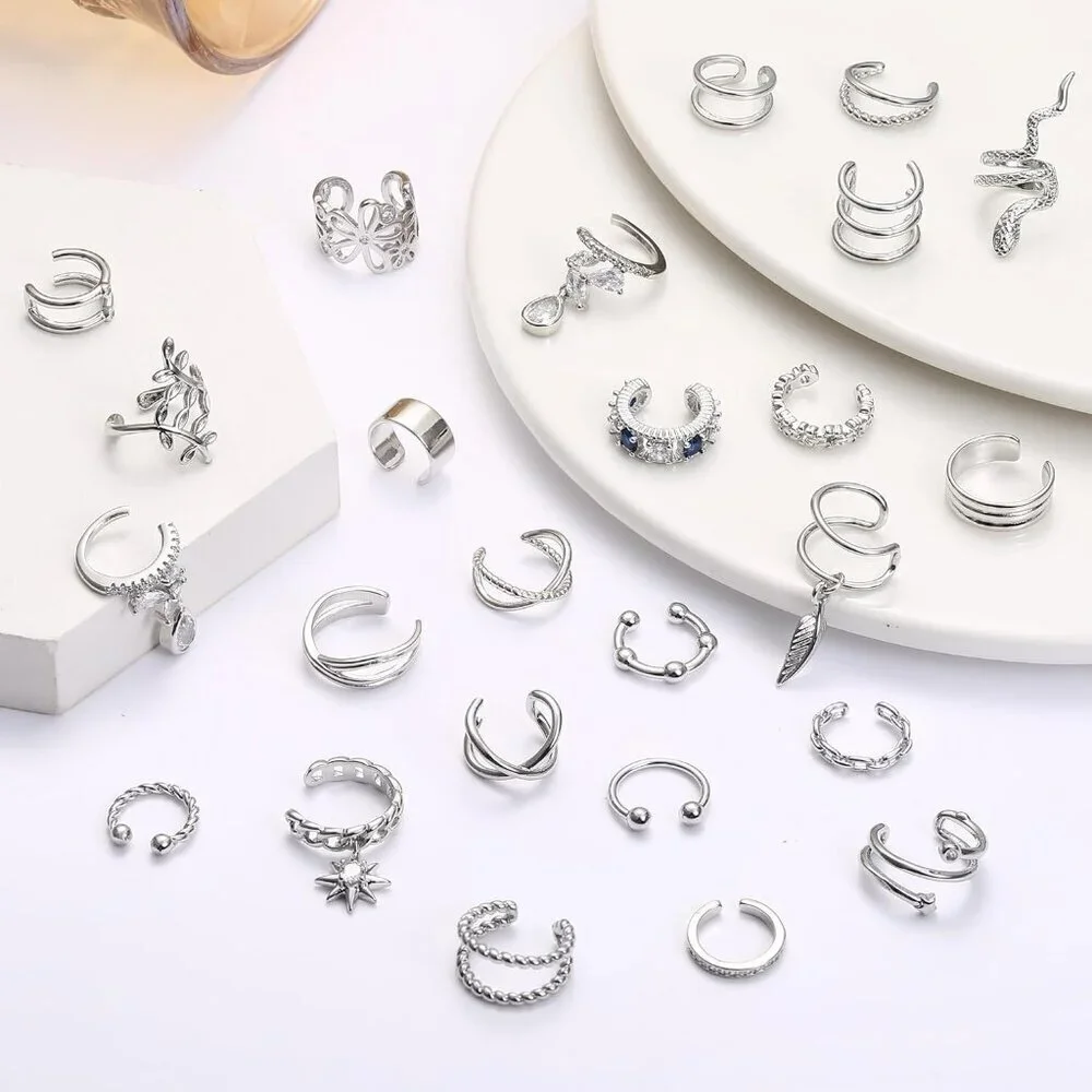 25 Pcs Silver Plated Ear Cuffs for Women Non Piercing Adjustable Jewelry Set_6